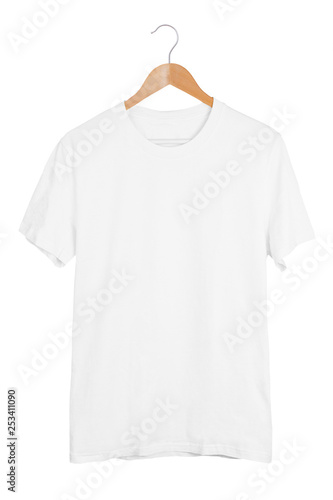 Blank white t-shirt on wooden hanger isolated on white background. White tshirt mockup template
