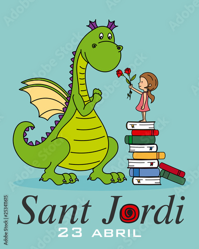 Sant Jordi. Catalonia traditional celebration. girl delivers a rose to a dragon