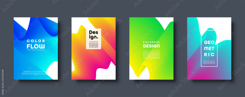 Abstract trendy geometric background with liquid gradient. Colorful blue, red, yellow and green dynamic curve wave. Modern motion banner set. Vector illustration. Abstract trendy geometric background with liquid gradient. Colorful blue, red, yellow and green dynamic curve wave. Modern motion banner set. Vector illustration.