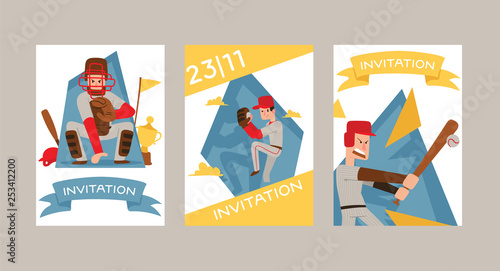 Baseball people vector player man character in catchers sportswear and batters baseballbat or ball for competition backdrop illustration sportsman boys with catchers glove background invitation set