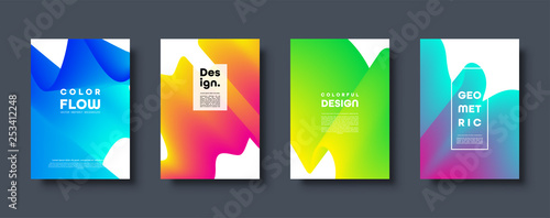 Abstract trendy geometric background with liquid gradient. Colorful blue, red, yellow and green dynamic curve wave. Modern motion banner set. Vector illustration.