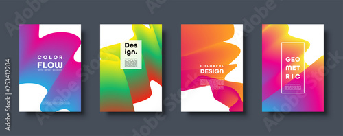 Abstract trendy geometric background with liquid gradient. Colorful blue, red, yellow and green dynamic curve wave. Modern motion banner set. Vector illustration.