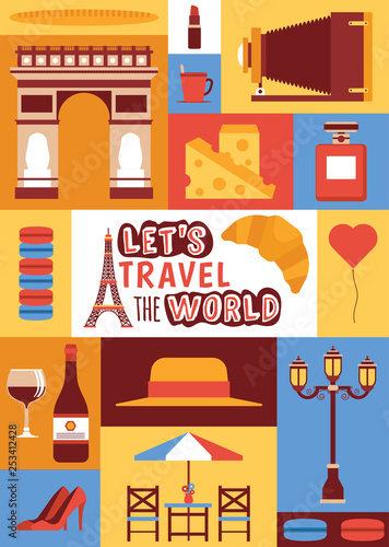 Paris vector pattern french culture eiffel tower and triumphal illustration europe tourism fashion city traveling in France backdrop set parisian cheese croissant background banner