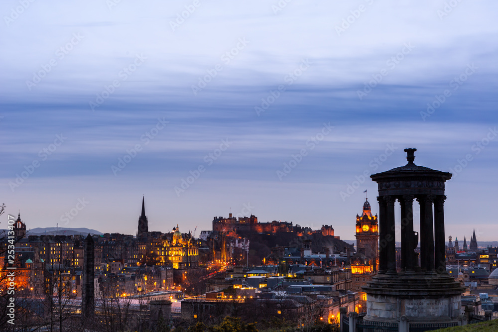 Evening Edinburgh view  from Calton hill with it's old town and the medieval Castle, Scotland