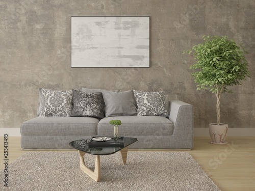 Mock up fashionable living room with original stylish sofa and hipster backdrop.