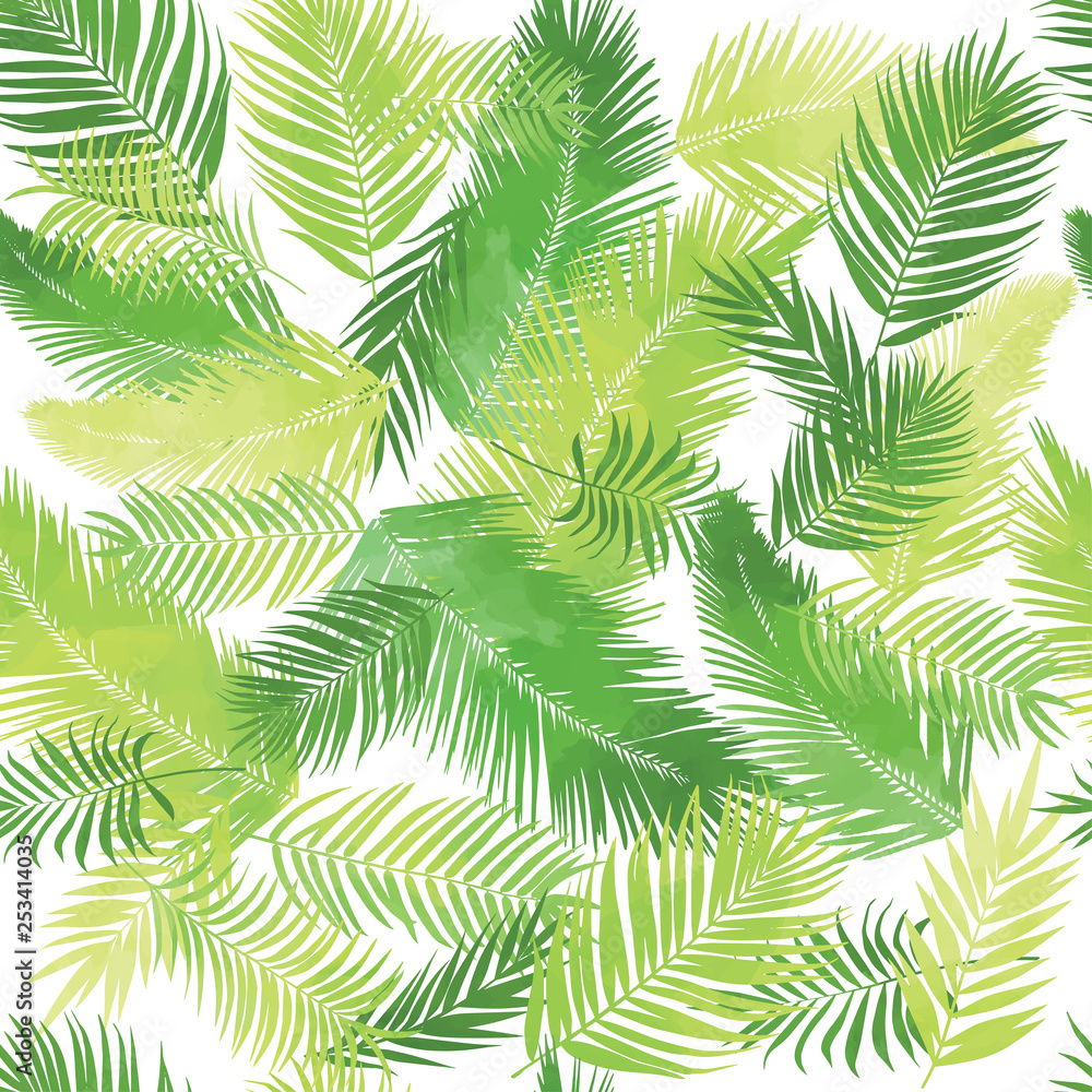 Artistic palm seamless pattern. Leaves, herbs background, drawn backdrop, green grass tropic texture