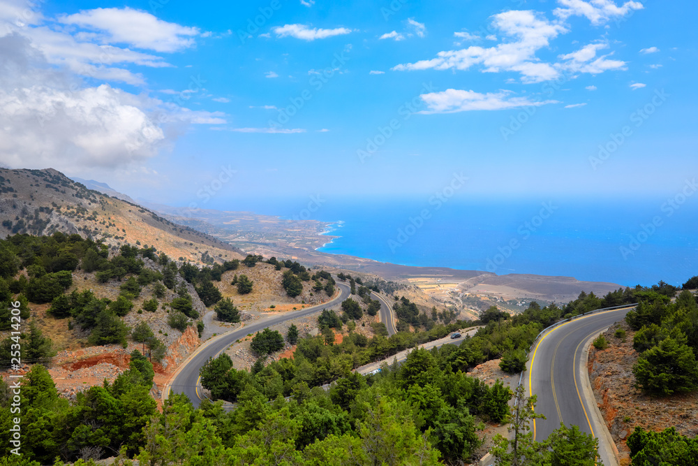 View from the hill to a costal road and coastline of Crete