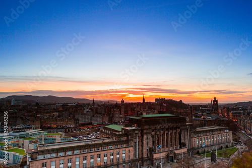 Picturesque view over evening Edinburgh old town with the Castle from Calton hill, Scotland