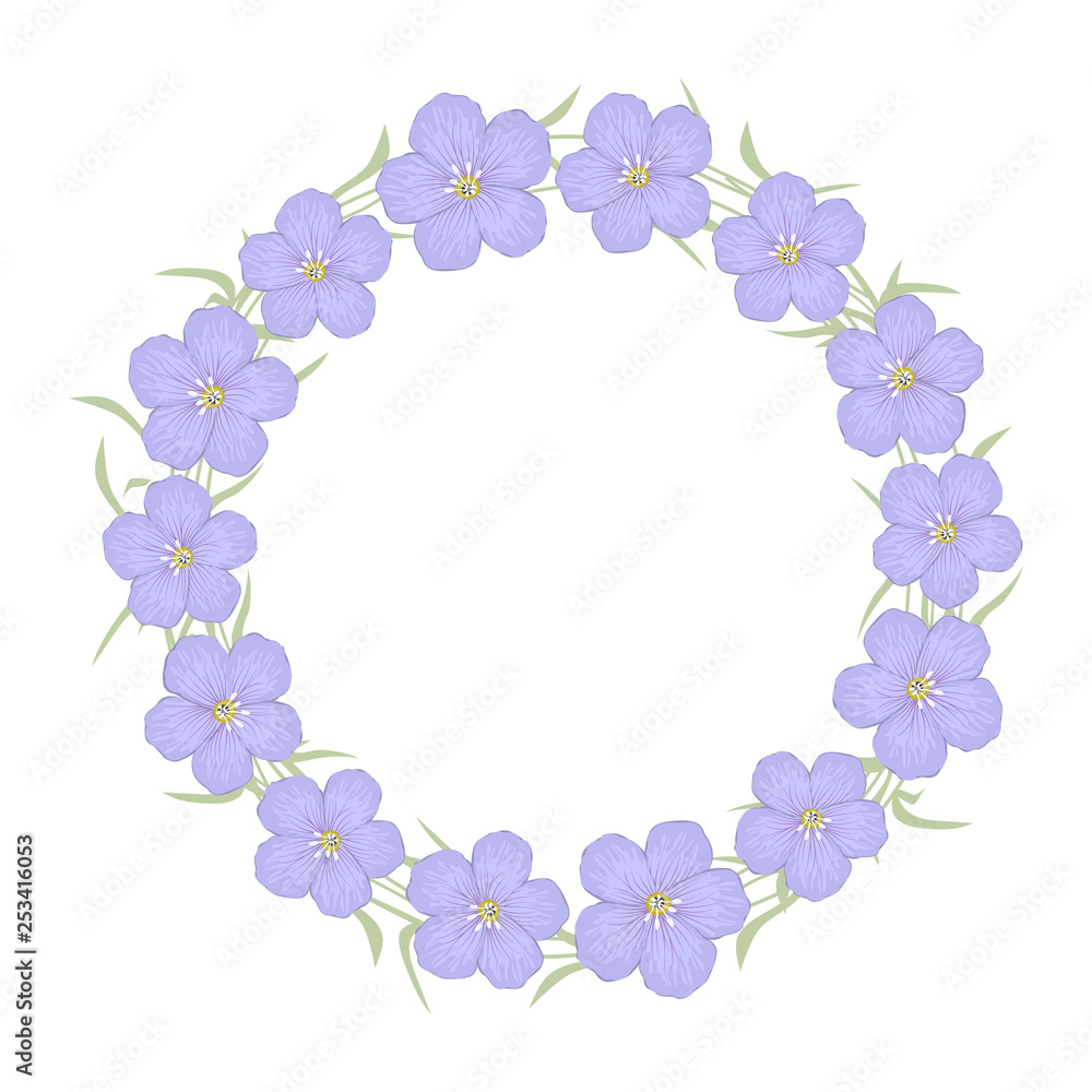 Floral wreath on a white background. Floral round frame from purple flax flowers. Greeting card template. Vector illustration.