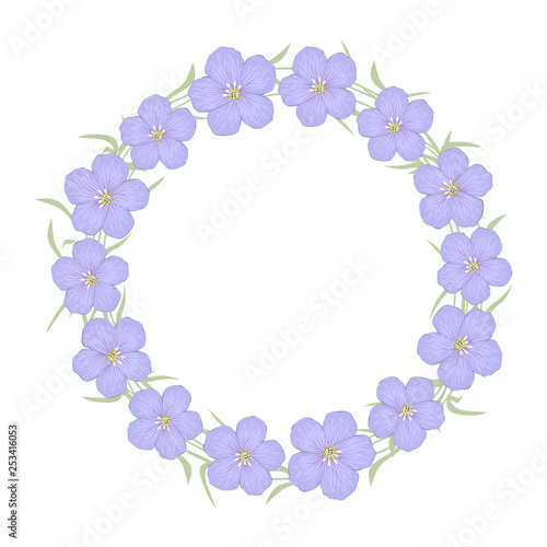 Floral wreath on a white background. Floral round frame from purple flax flowers. Greeting card template. Vector illustration.