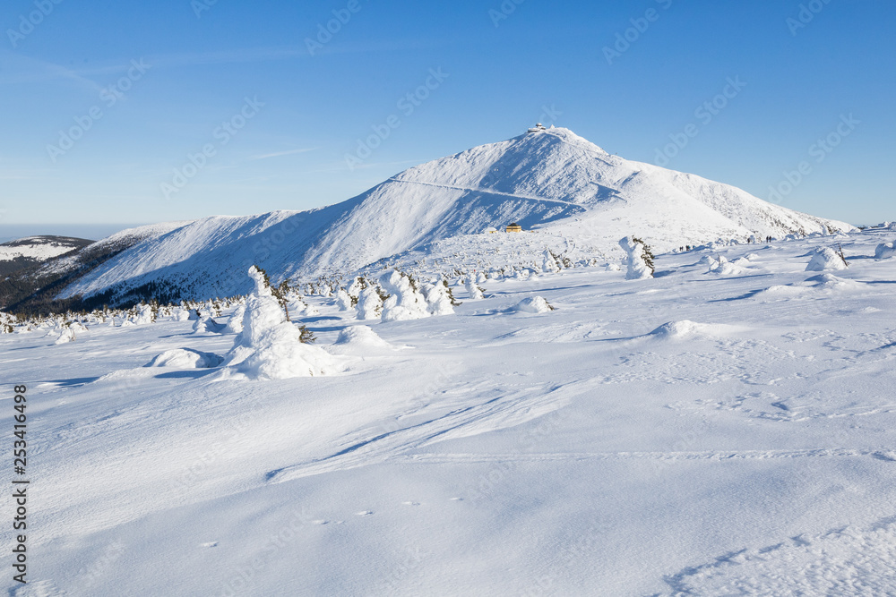 View to the highest mountain of the Krkonose (Czech Republic) in winter