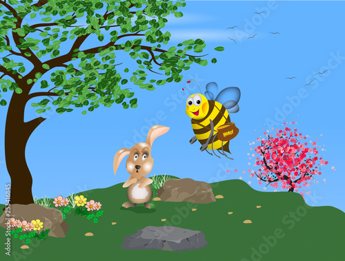 Fototapeta Naklejka Na Ścianę i Meble -  Rabbit and a bee with a pot of honey