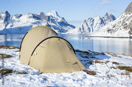 Winter camping on Lofoten islands in Norway