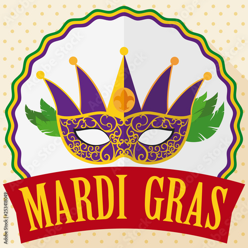 Feathered Mask, Button and Ribbon to Celebrate Mardi Gras, Vector Illustration