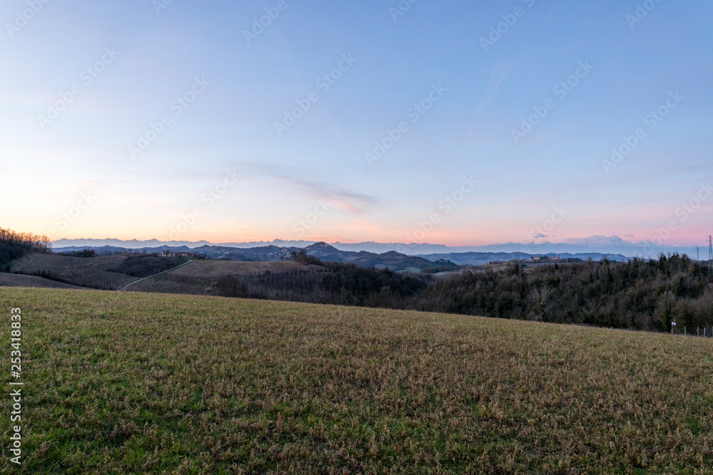 Sunset on the hills of Montferrat during winter