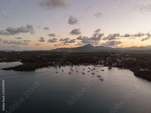 Trou d'Eau Douce, Mauritius aerial drone photo, February 2019, sunset