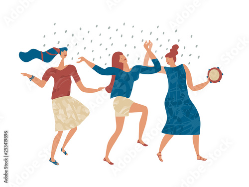 Dancing women welcome the rain. Hand drawn vector illustration in flat colors on white background.