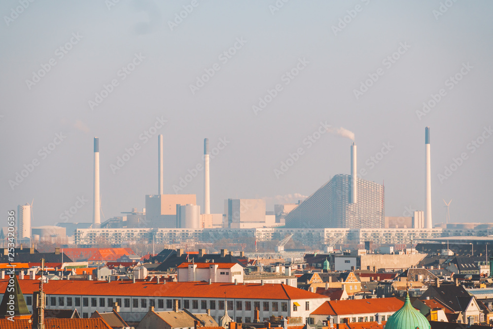 February 18, 2019. Denmark Copenhagen. Panoramic top view of the city center from a high point. Round Rundetaarn Tower