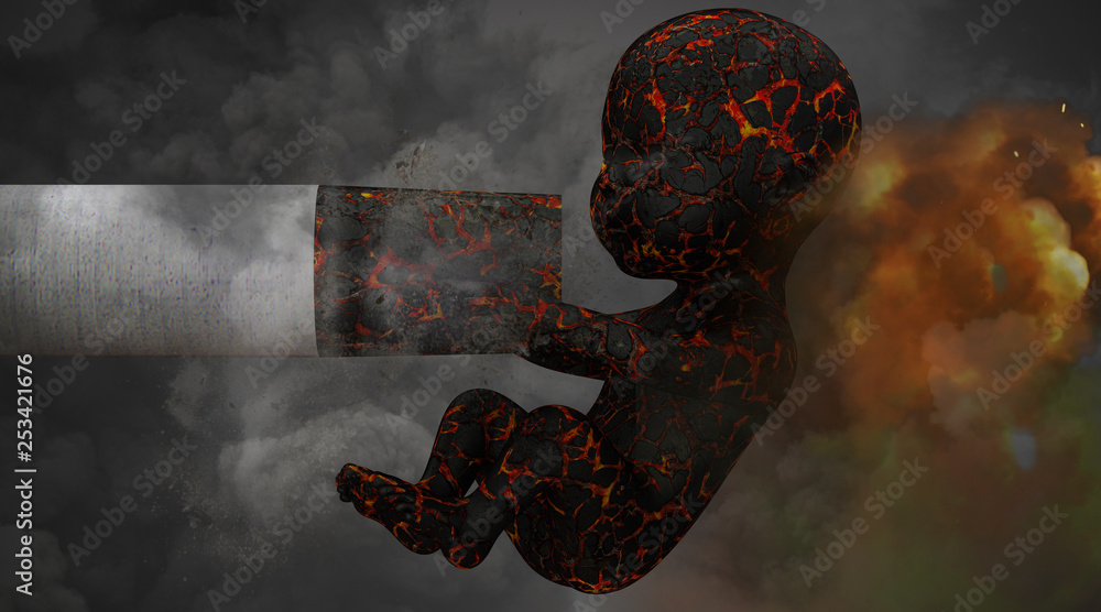 Representation of the health effects of cigarette smoking in the newborn, child, fetus, during pregnancy, 3d illustration, conceptual illustration, metaphor. Representation of the health effects of cigarette smoking in the newborn, child, fetus, during pregnancy, 3d illustration, conceptual illustration, metaphor.