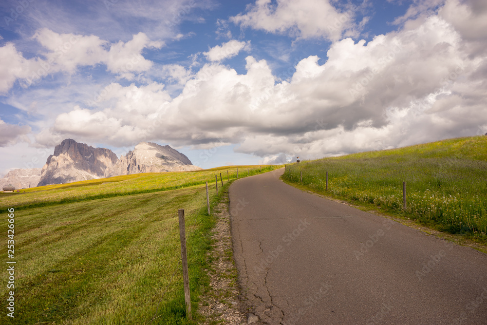 Alpe di Siusi, Seiser Alm with Sassolungo Langkofel Dolomite, a trekking walking winding path in a lush green field Alpe di Siusi, Seiser Alm with Sassolungo Langkofel Dolomite, a trekking walking winding path in a lush green field