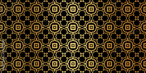 Geometric Seamless Pattern. Modern Traditional Geometric Ornament. Vector Illustration. For The Interior Design, Wallpaper, Decoration Print, Fill Pages, Invitation Card, Cover Book. Black gold color
