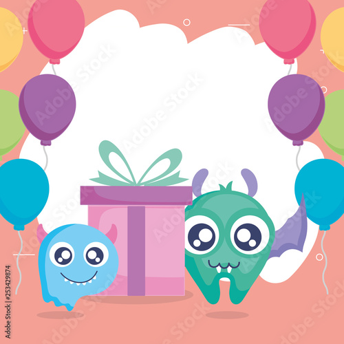 crazy monsters with gift and balloons helium