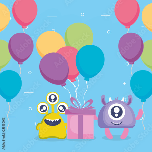 crazy monsters with gift and balloons helium