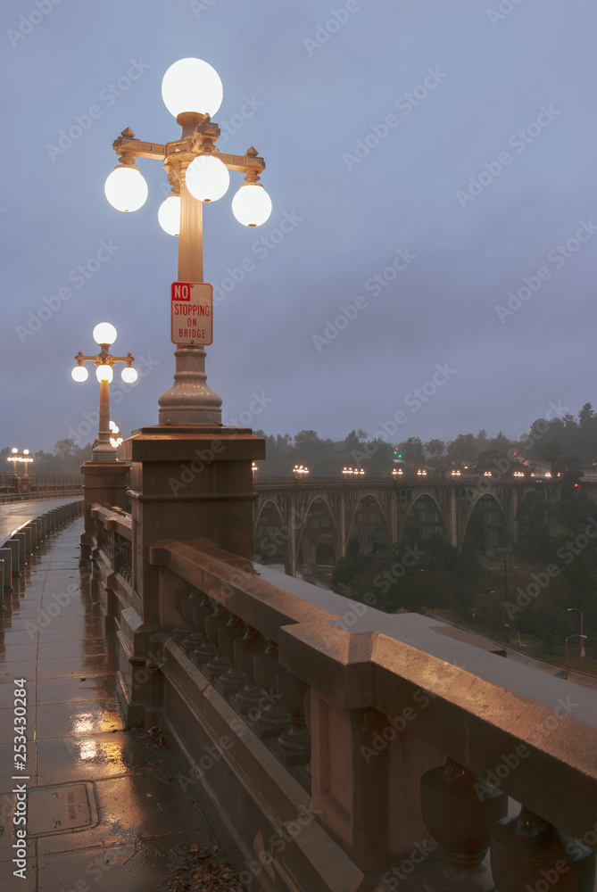 Image showing the landmark Colorado Street Bridge in Pasadena during a rainy evening.