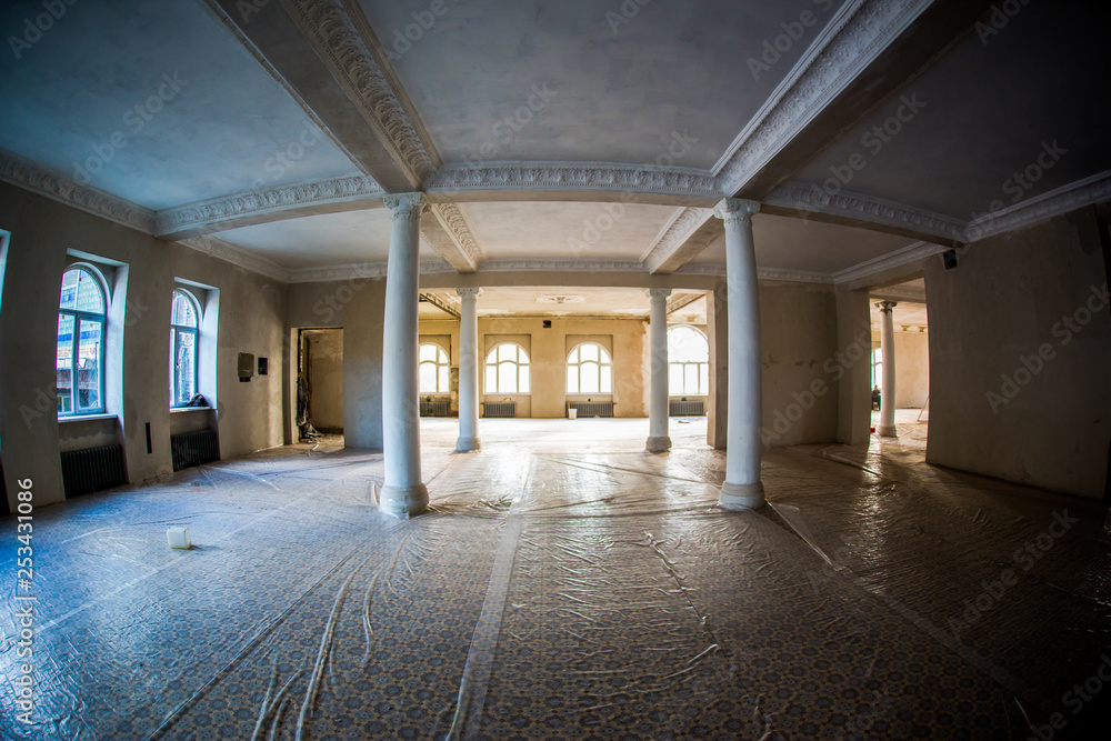 The spacious interior of the old mansion during the restoration work.