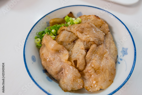 Close up shot of traditional Japanese style breakfast (Fried pork rice)