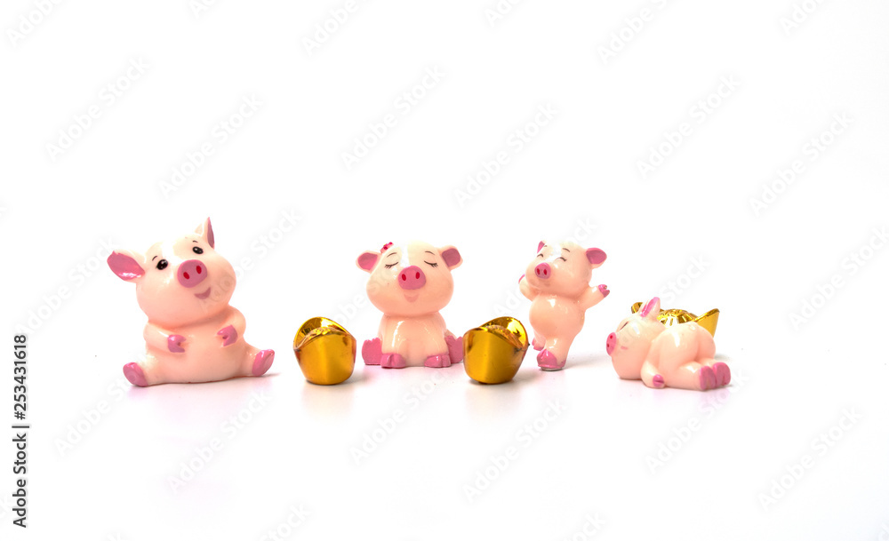 family of happy pigs with old chinese money on isolated white background, saving money concept