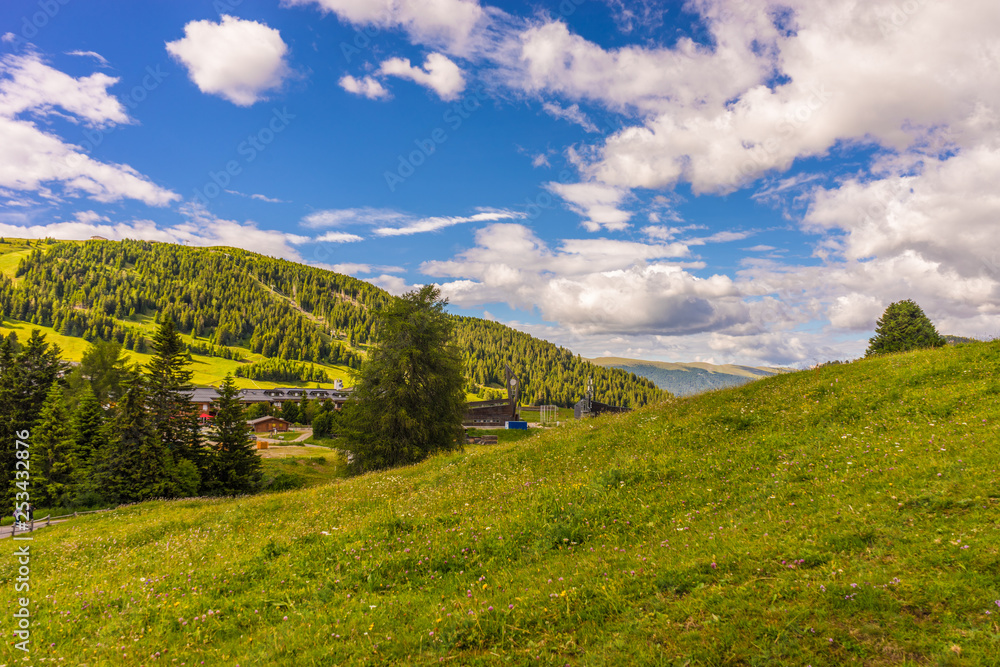 Obraz premium Alpe di Siusi, Seiser Alm with Sassolungo Langkofel Dolomite, a large green field with trees in the background