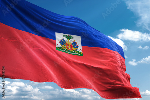 Fényképezés Haiti flag waving sky background 3D illustration