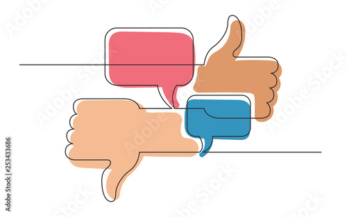 continuous line concept sketch drawing of social media like, dislike and opinions symbols