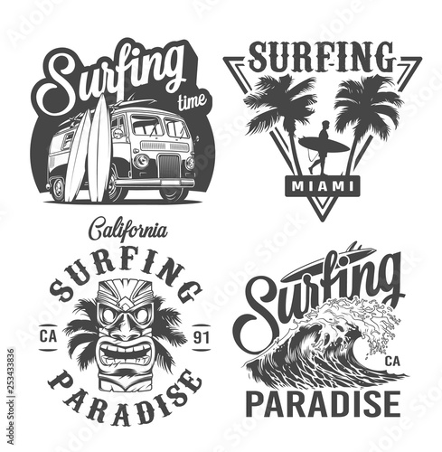 Vintage monochrome surfing labels