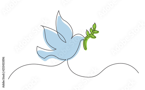 continuous line concept sketch drawing of dove with olive branch peace symbol