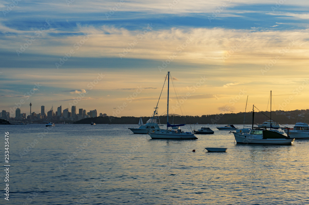 Spectacular background of yachts with Sydney cityscape on the background