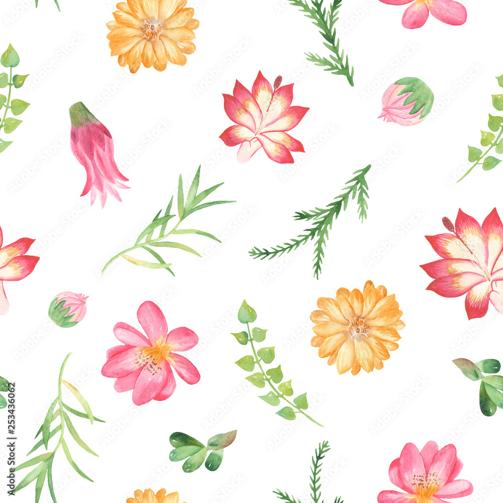 Watercolor seamless pattern with flowers, succulents, cacti. Texture for packaging, wallpaper, scrapbooking, fabrics, textiles, kitchen and garden design.