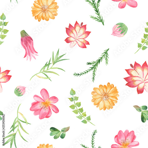 Watercolor seamless pattern with flowers, succulents, cacti. Texture for packaging, wallpaper, scrapbooking, fabrics, textiles, kitchen and garden design.