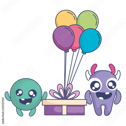 crazy monsters with gift and balloons helium characters