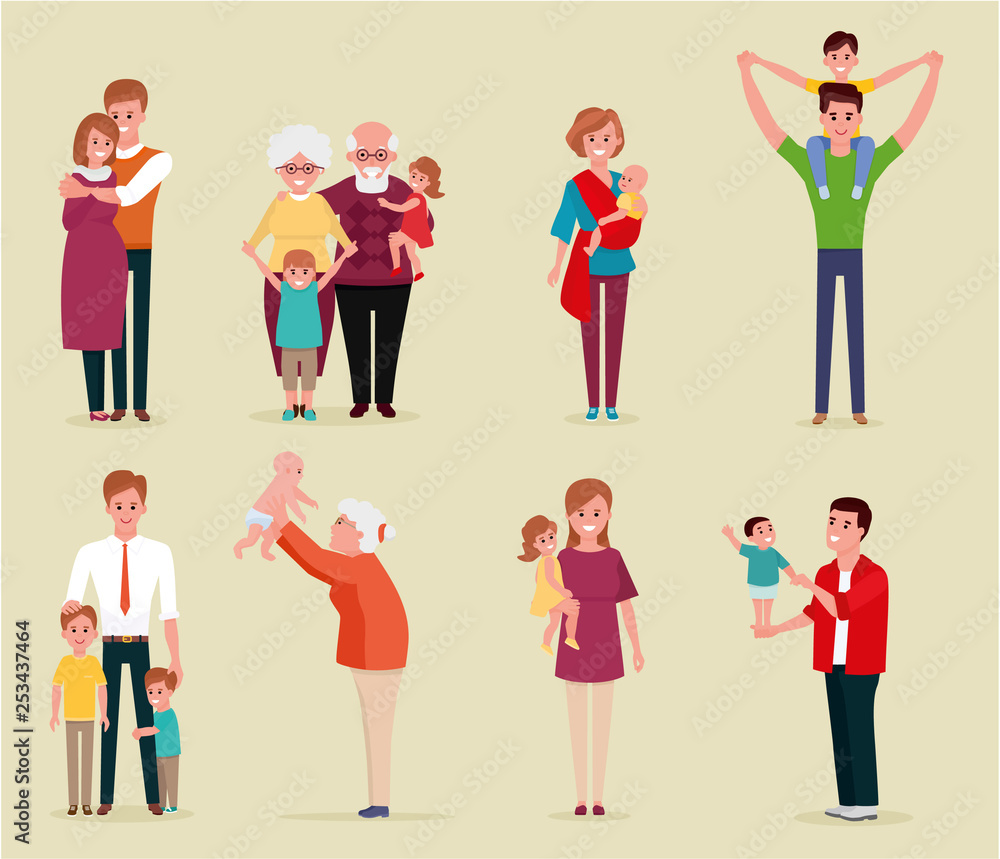 Set of happy family, illustration of groups different families. Colorful vector illustration in flat cartoon style.