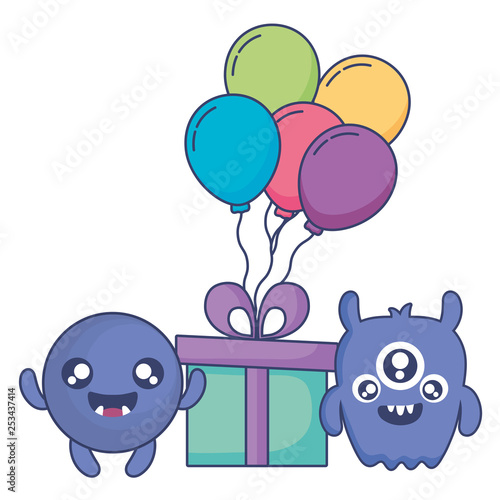 crazy monsters with gift and balloons helium characters