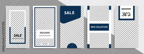 Set of minimalist dark blue indigo geometric shape banner template background. Suitable for social media stories, story, product catalog, expandable and roll vertical banner, flyer and brochure.
