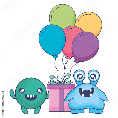 crazy monsters with gift and balloons helium characters