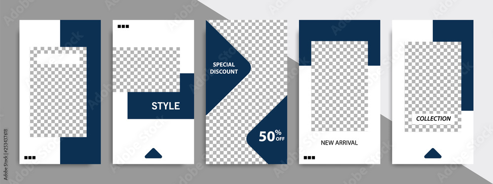 Set of minimalist dark blue indigo geometric shape banner template background. Suitable for social media stories, story, product catalog, expandable and roll vertical banner, flyer and brochure.