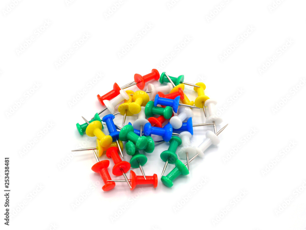 Set of push pins in different colors on white background. Set of push pins in different colors on white background.