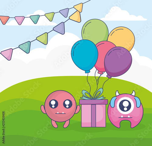 crazy monsters with gift and balloons helium in the field