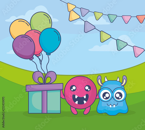 crazy monsters with gift and balloons helium in the field