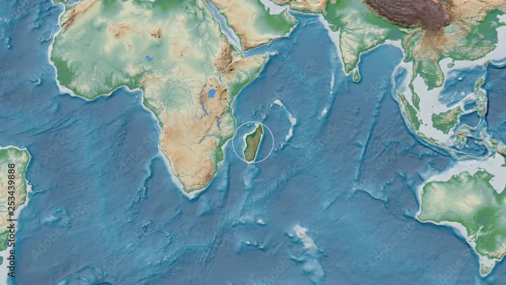 Madagascar area presented against the global physical map in the Patterson Cylindrical projection with animated oblique transformation Madagascar area presented against the global physical map in the Patterson Cylindrical projection with animated oblique transformation