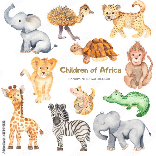 Photo Watercolor cute cartoon African animals